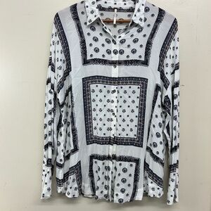 Free People White Blue Block Print Button Down Shirt | Sz M